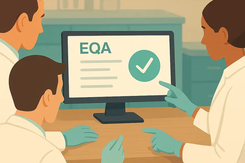 Three lab professionals reviewing an EQA report together on a monitor, highlighting collaboration in quality assurance.
