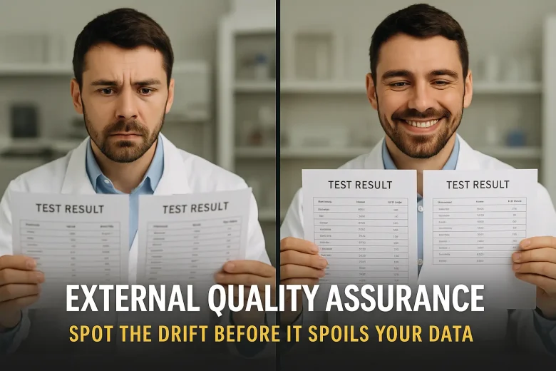 Lab technician comparing test results before and after external quality assurance.
